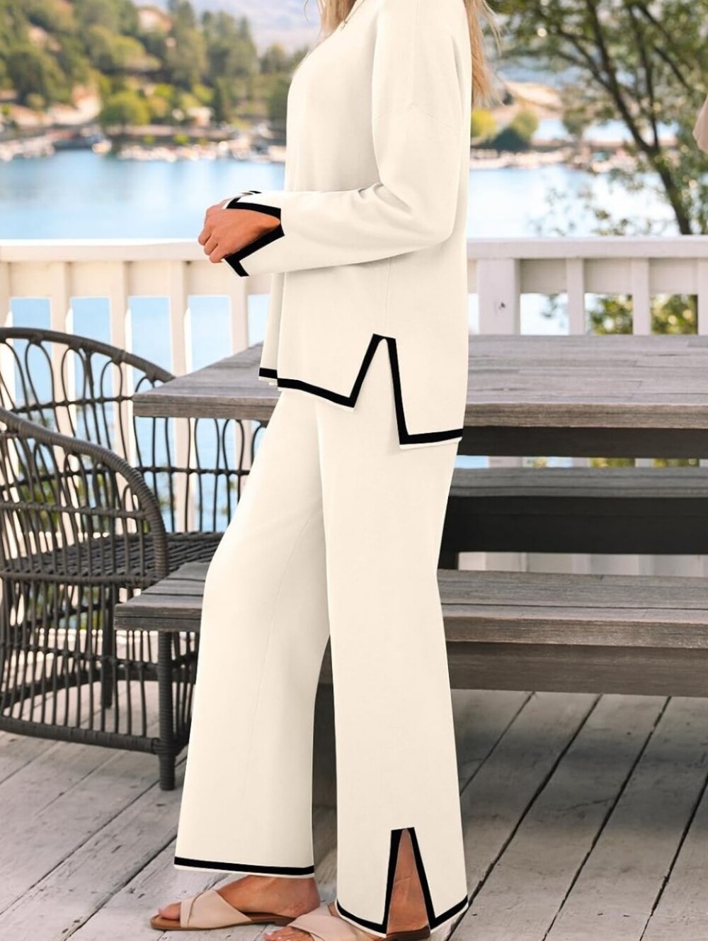 Cream Two-Piece Knit Top and Wide Leg Pant Set with Black Trim - Picture 7 of 8